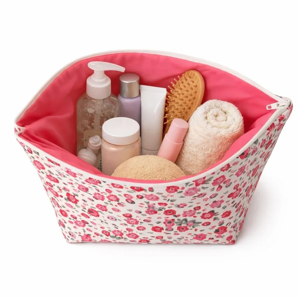 Floral Makeup Bag with Pink Lining, Large Zippered Cosmetic‎ Pouch, Toiletry Bag
